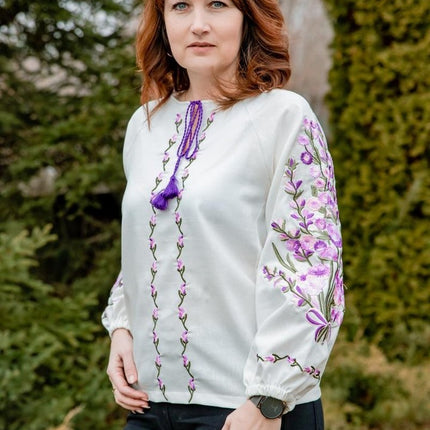 Women's linen blouse with incredible lavender-purple-lilac embroidery