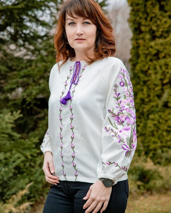 Women's linen blouse with incredible lavender-purple-lilac embroidery