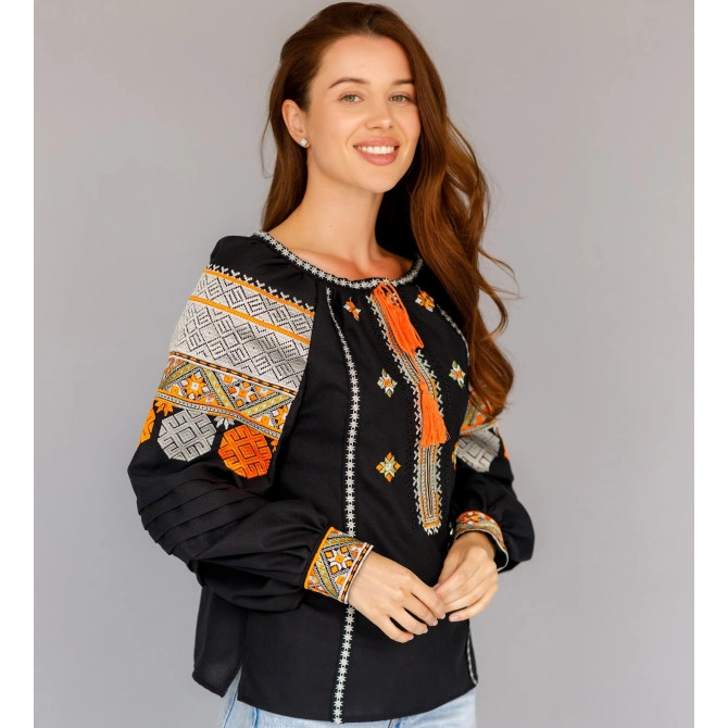 Women black linen vyshyvanka with geometric embroidery