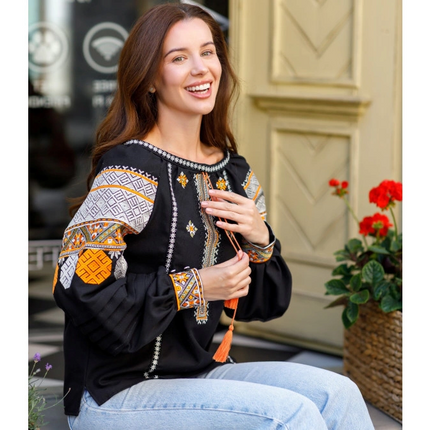 Women black linen vyshyvanka with geometric embroidery