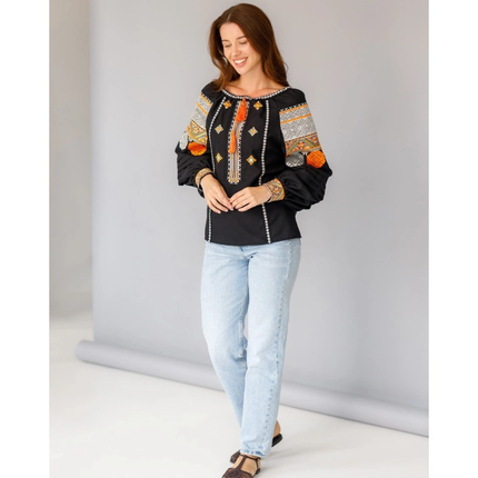 Women black linen vyshyvanka with geometric embroidery