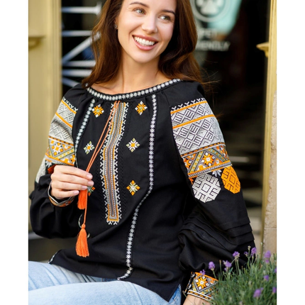 Women black linen vyshyvanka with geometric embroidery
