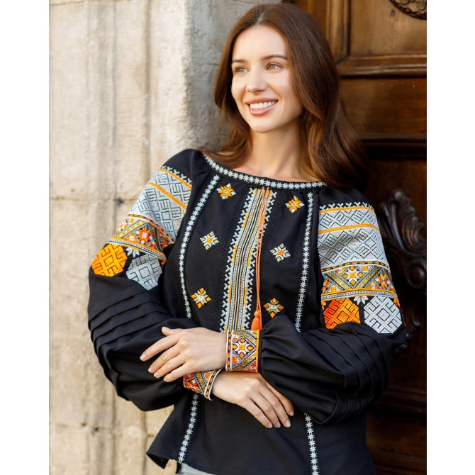 Women black linen vyshyvanka with geometric embroidery