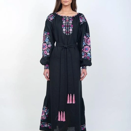 Women's black linen dress with embroidery