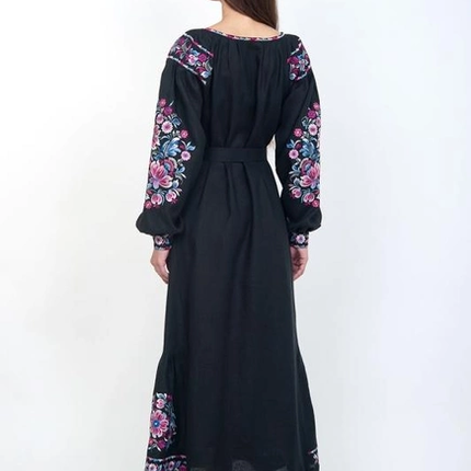 Women's black linen dress with embroidery