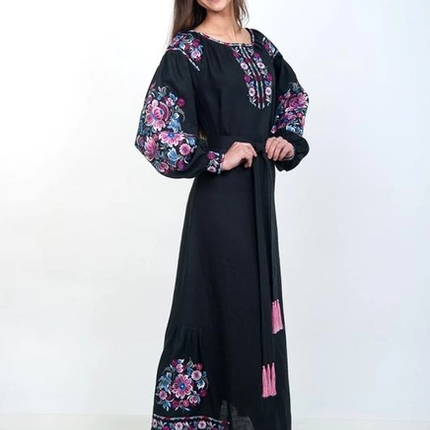 Women's black linen dress with embroidery