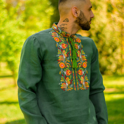 Men's linen embroidered shirt with long sleeves