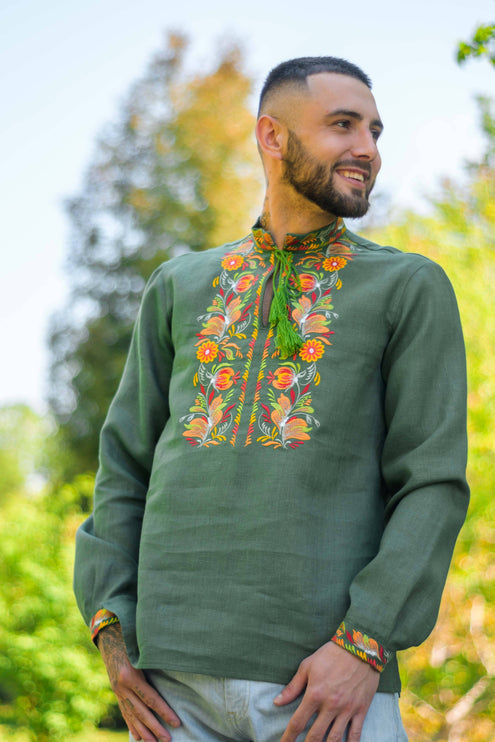 Men's linen embroidered shirt with long sleeves