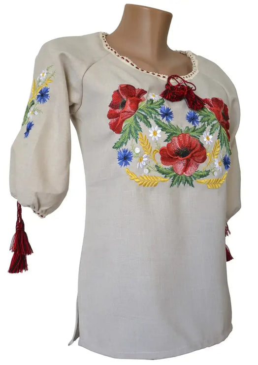 Women's linen shirt with embroidered poppies