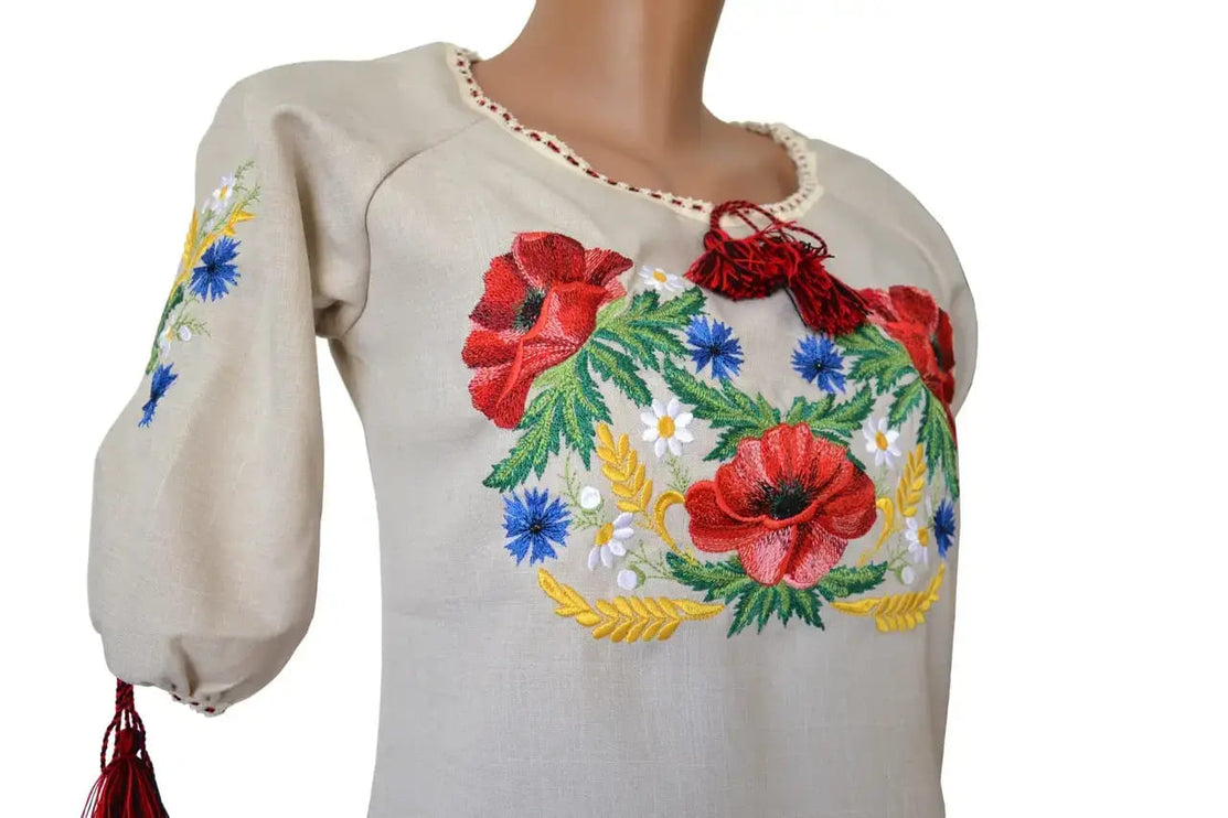 Women's linen shirt with embroidered poppies